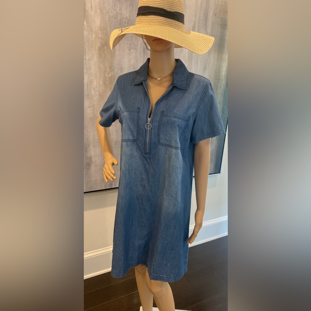 Denim Zip-Front Shift Dress - Blue